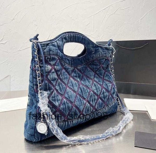 

designer totes denim shopping bag blue black embroidered distressed fashion soft canvas bag quilted plaid silver metal chain large capacity