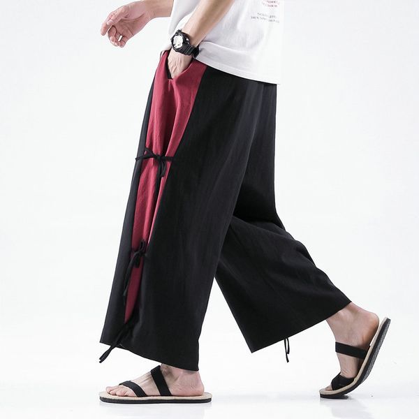 

men s pants cotton linen wide leg chinese style casual jogging large 5xl spring sweatpants 221123, Black