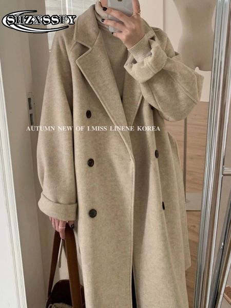 

womens wool blends coat loose thicken fashion solid winter woman very warm button turndown collar casual s for 221122, Black