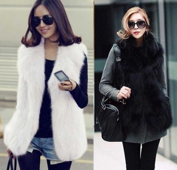 

women's wool blends fur imitation fox vest lapel vest medium long, Black