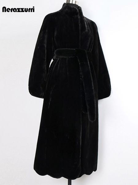 

women's fur faux nerazzurri long fluffy warm soft black coat women belt winter clothes a line sheared mink overcoat 5xl 6xl 7xl 221123