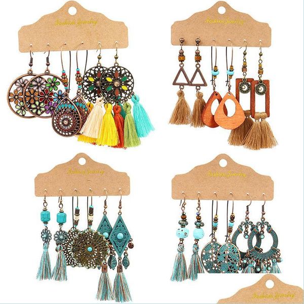 

other jewelry sets 3pair/set bohemia national style dangle earrings ancient bronze hollow flower water drop charm ear rings hoop wom dht9d, Silver