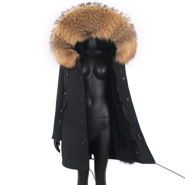 

women's fur faux thick warm real liner coat winter jacket women long parka waterproof big natural raccoon collar hood 221123, Black