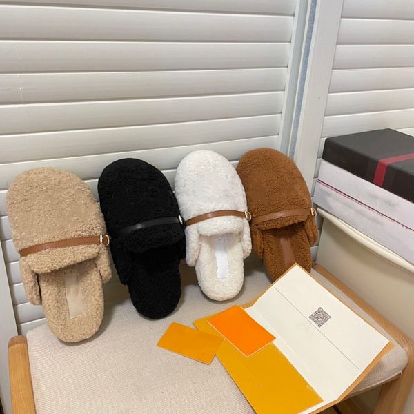 

new woolly slipper women's fashion muller shoes platform flats designer warm round head leather rubber non-slip miter outdoor beach sho, Black