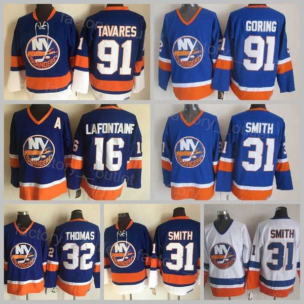 

new york retro islanders hockey 31 billy smith jersey''nhl''vintage 16 pat lafontaine 32 steve thomas 91 john tavares 91, Black;red