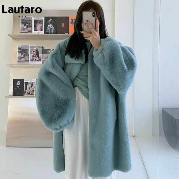 

women's fur faux lautaro winter long oversized warm soft fluffy coat women drop shoulder sleeve casual loose korean fashion 221123, Black