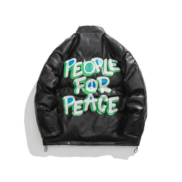 

men thicken padded coats letter printed pu leather heavy jackets winter fashion, Black;brown