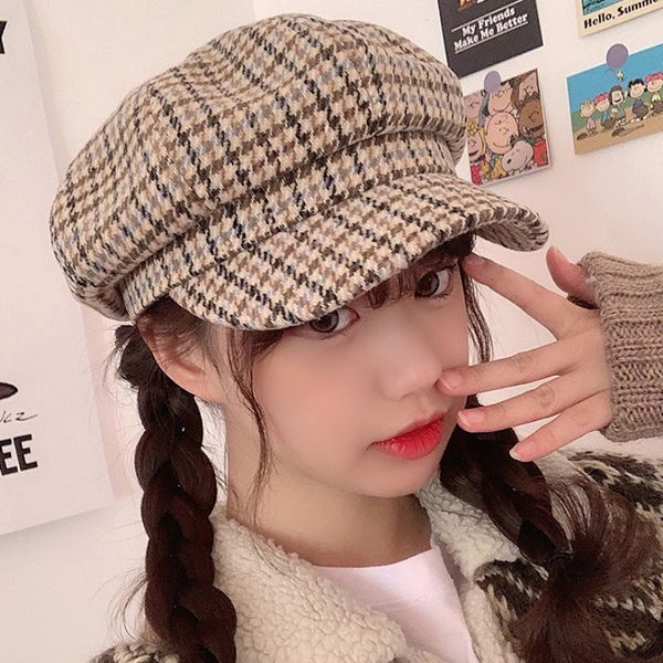 

berets ht2883 women vintage plaid artist painter hat octagonal sboy cap retro autumn winter wool female beret 221122, Blue;gray