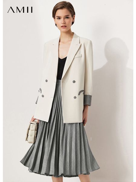

two piece dress amii minimalism skirt blazer suit women coats and jackets high waist pleated office lady female 12140833 221122, White