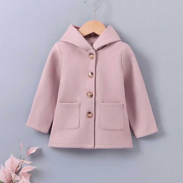 

coat girls front buttons pockets thicken hooded autumn winter baby kids long sleeve casual solid pink outwear woolen s 221122, Blue;gray