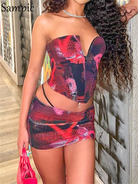 

two piece dress sampic print strapless corset and mini bodycon skirt two piece set women summer backless sleeveless party club outfits 22112, White
