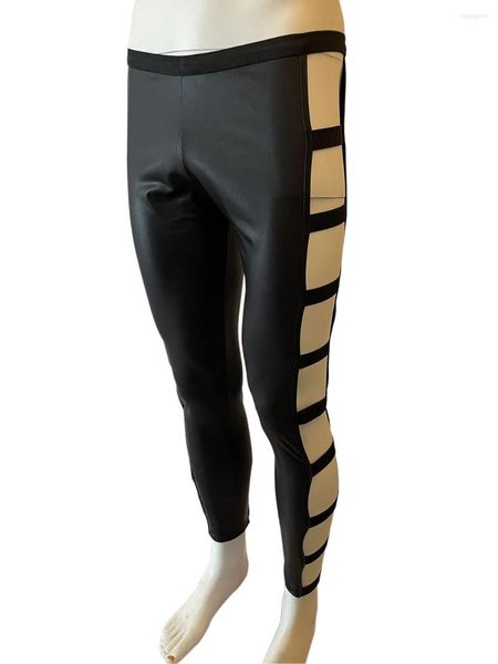 

men's pants leather like hollow out trousers for men exotic bar night clubwear fetish clothes matte stage dance streetwear, Black