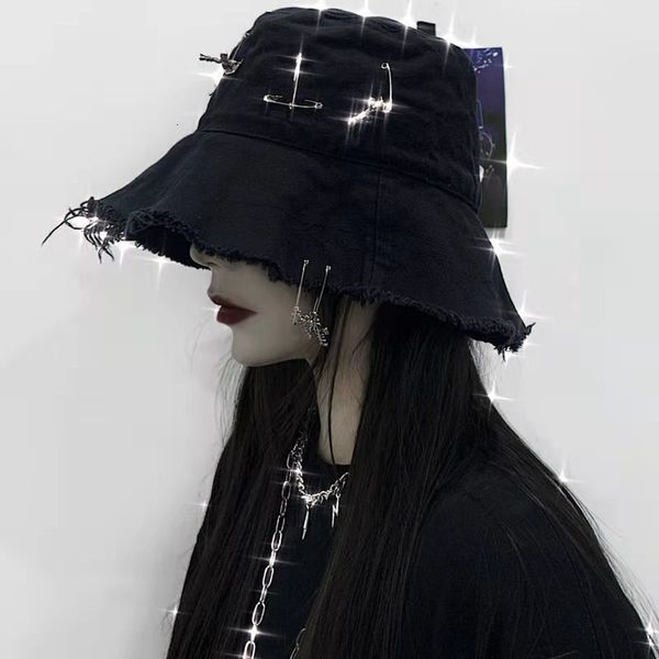 

wide brim hats bucket black harajuku mall goth women men girl punk emo dark academic aesthetic cross caps fairy grunge alternative 221122, Blue;gray