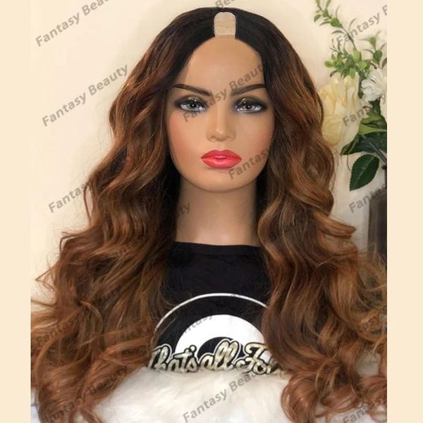 

100% human hair wigs ombre dark roots copper brown loose wavefor women 1x4 adjustable opening chentest brow u part wigs glueless remy, Black