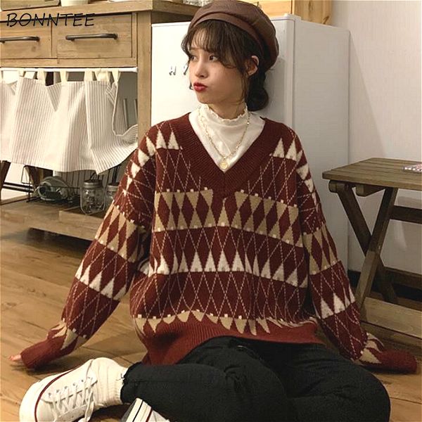 

women's sweaters women vintage argyle korean all-match chic v-neck ladies pullovers student lazy style winter womens sweater 221123, White;black