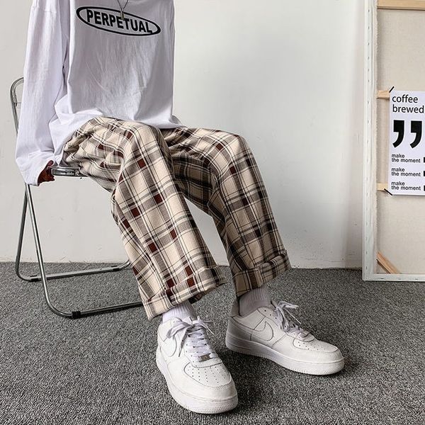 

men s pants men plaid loose comfortable retro casual all match elastic waist chic wide leg trousers fashion streetwear korean style 221123, Black
