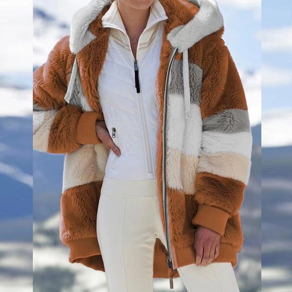 

women's fur faux women fashion coat winter overcoat warm fleece hooded jacket plus size casual loose patchwork brand clothing 221123, Black