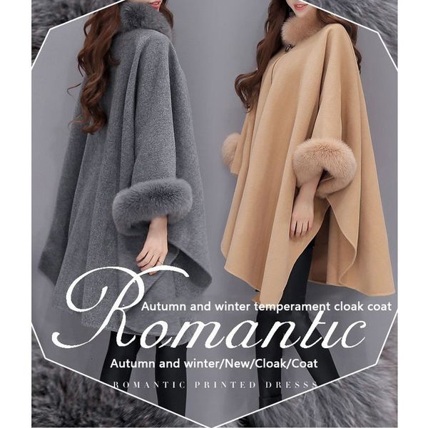 

women's wool blends elegant women winter coats batwing fluffy sleeve cape jacket lady woolen overcoat fur collar warm ponchos feminino, Black