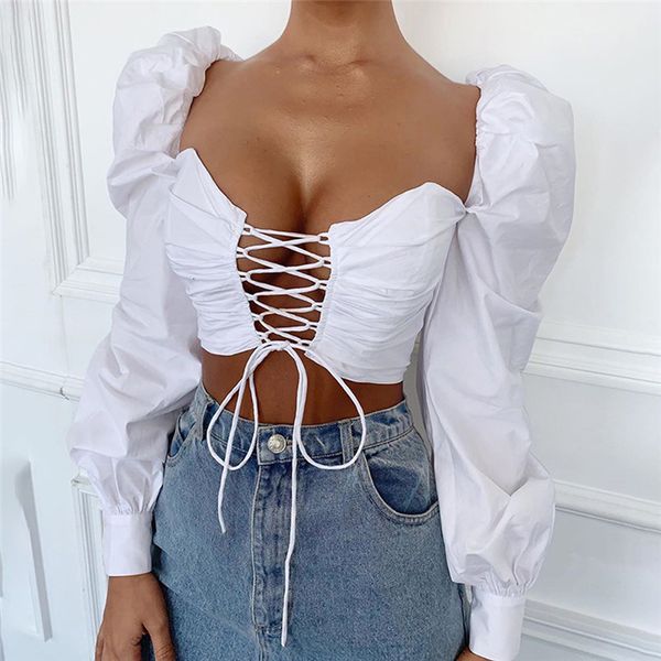 

women's jumpsuits rompers women ladies puff sleeve strapless crop white shirts solid hollow out laceup blouses women midriffbaring 22, Black;white