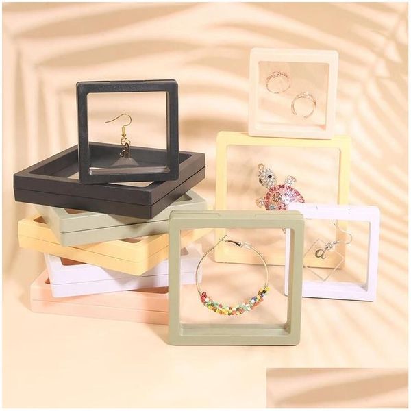 

jewelry boxes pe film jewelry storage box 3d transparent floating ring case earring necklace bracelet display holder dustproof exhib dh94r, Black;white