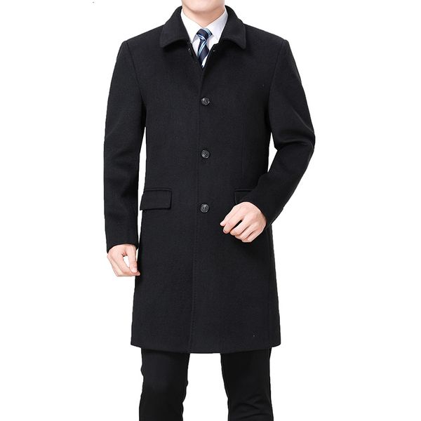 

men's wool blends coat winter cashmere pea en overcoat long jacket blend palto erkek mont kaban 221123, Black