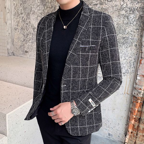 

men business fashion suit blazer plaid design plus size casual male slim fit dress jacket coat americana hombre, White;black