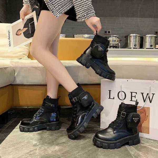 

designer boots martin women fashion shoes winter women's locomotive patent leather short thick soled womens booties 220725, Black
