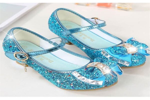

princess kids leather shoes for girls flower casual glitter children high heel girls shoes butterfly knot blue pink silver 220409, Black;red