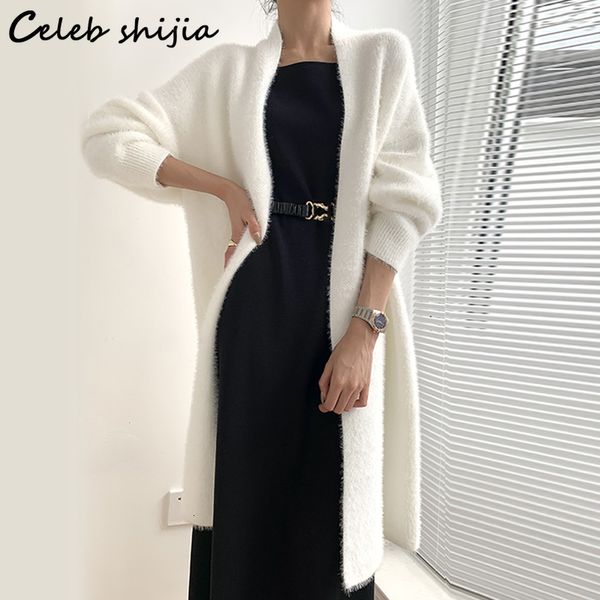 

women's knits tees chic winter mink cashmere cardigans women long-sleeve open stitch knitted coat female autumn business korean loose c, White