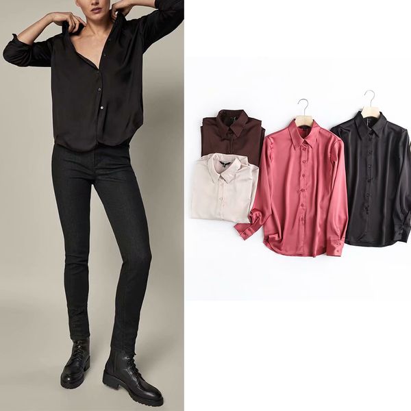 

women's jumpsuits rompers za fashion women's shirt silk office lady chic blouse long sleeve stain turn down collar button shirts e, Black;white