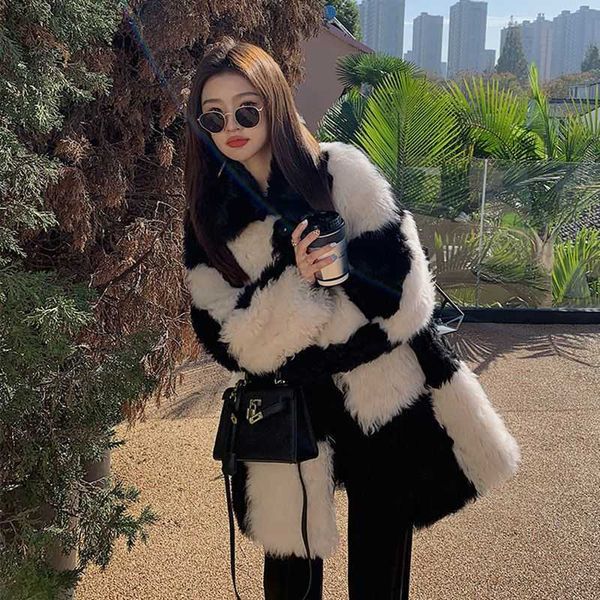 

women's wool blends black and white checkerboard curly tuscany fur one-piece coat women toka wool