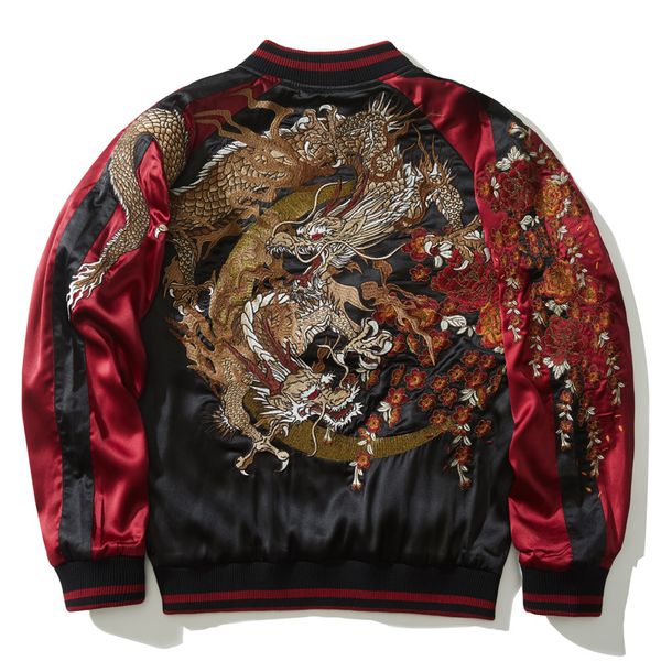 

men's leather faux spring chinese style embroidery dragon men's jacket double sided wear personality yokosuka trend casual autumn, Black