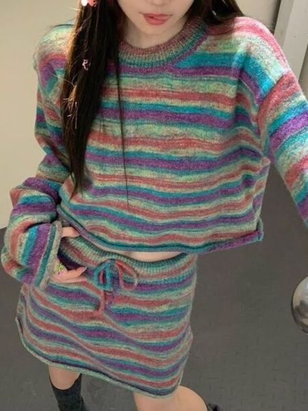 

two piece dress spring autumn two piece set women o neck long sleeve casual loose crop high waist drawstring mini skirts striped knitted set, White