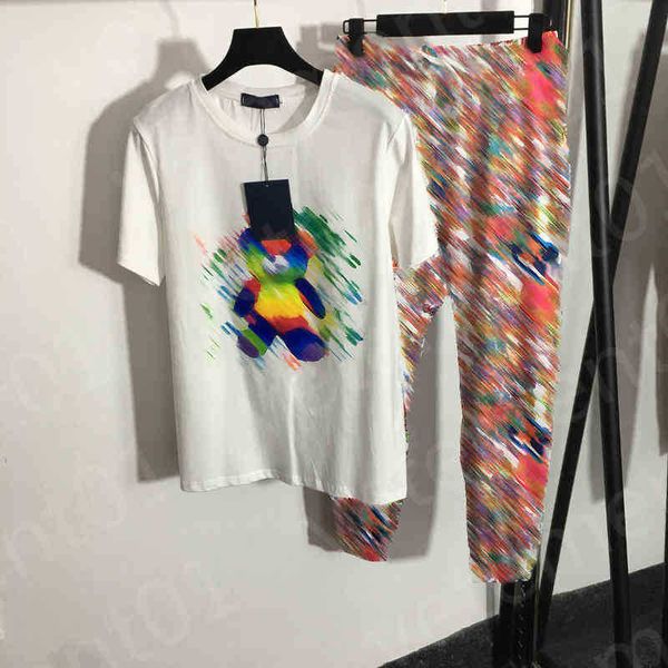 

designer womens two piece pants brand fashion printed cotton t-shirts slim high waist loose leggings sports suits luxury women clothing, White