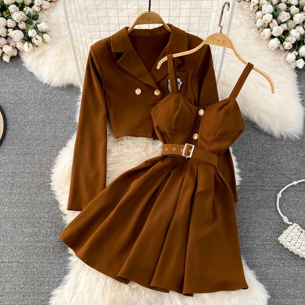 

two piece dress preppy dress woman vintage suit short coat two pieces set with strap halter skirt for girls 221123, White