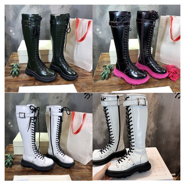 

women's tread slick boot designer mcqueens leather knee boots fashion calfskin lace-up treads sole buckle winter booties size 35-40, Black