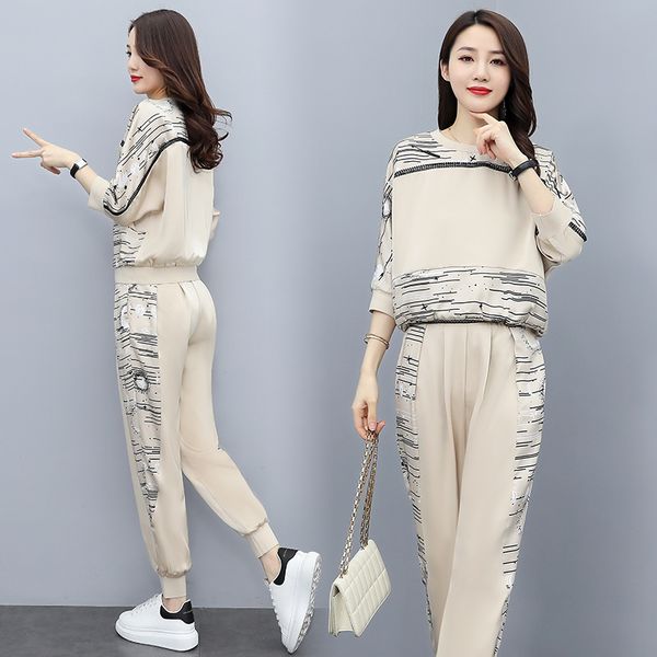 

women's two piece pants spring and autumn leisure sports two piece set round neck long sleeve large size apricot black women clothes 22, White