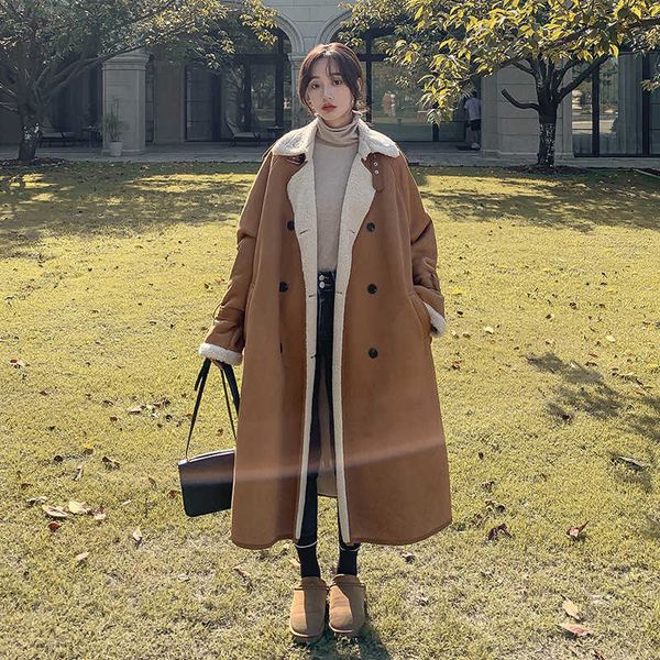 

women's wool blends wear suede lamb coat on both sides in winter medium long thickened warm fur coat, Black