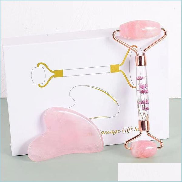 

face massager wholesale face roller masr gua sha tool gift set natural rose quartz rollers neck eye facial lifting health care mas d dhahi