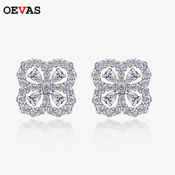 

stud oevas 100% 925 sterling sparkling full high carbon diamond hollow out four leaf clover earrings for women fine jewelry gift 221119, Golden;silver