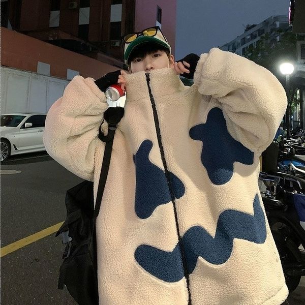 

men's leather faux man teddy bear coat autumn winter plush thick black blue women lamb embroidery hooded smiling couples jacket koran f