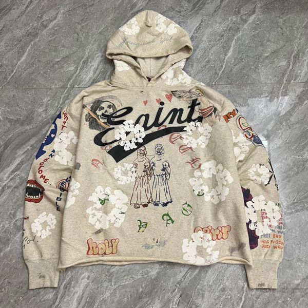 

falection mens 22ss saint michael denim tears flower printed distressed hoodie holes sweatshirt men pullover, Black