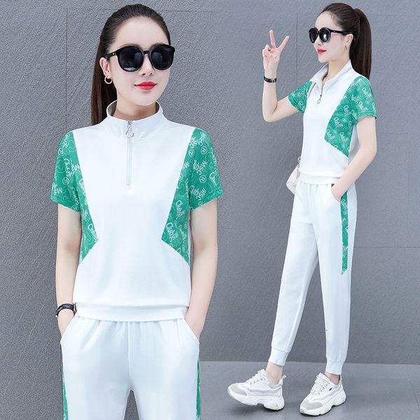 

women's two piece pants summer solid color stitching letter printing casual slim sports two piece set womens large size clothes blue or, White