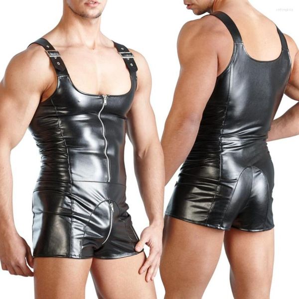 

men's body shapers men underwear sleeveless open crotch faux leather zipper bodysuit shorts jumpsuit, Black;brown