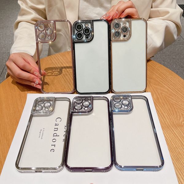 

bling glitter glass camera lens protectors cases for iphone 14 pro max plus 13 12 11 soft tpu plating diamond rhinestone clear chromed metal