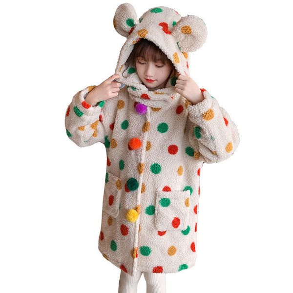

coat teens girls cute color polka dot print coats autumn woolen fur hooded jackets children fashion outerwear korean clothing 4 14yrs 221122, Blue;gray