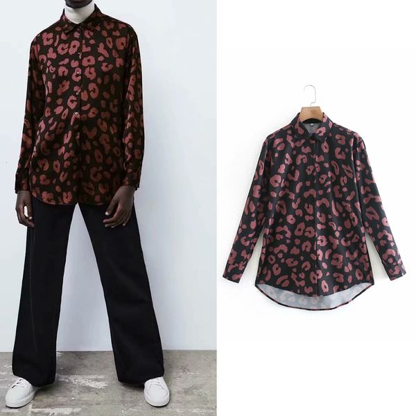 

women's jumpsuits rompers women shirts za fashion leopard print button stain long shirts vintage turn down collar blouse eleagant chic, Black;white