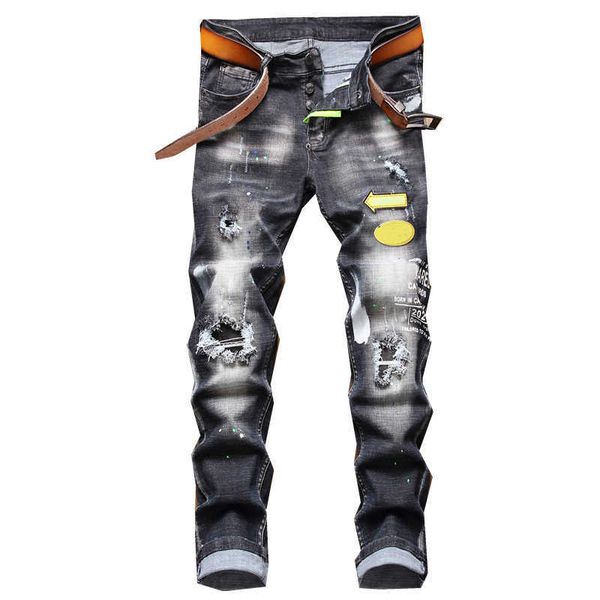 

unique men painted rips jeans stretch black fashion designer slim fit washed motocycle denim pants panelled hip hoptrousers 1012, Blue