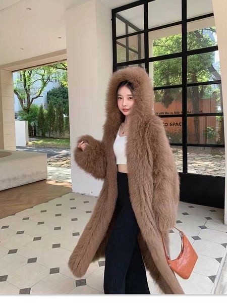 

women's wool blends saint qiu fei's fur net red precious fox hair double-sided long v-neck double-sided woven fur coat thin and yo, Black