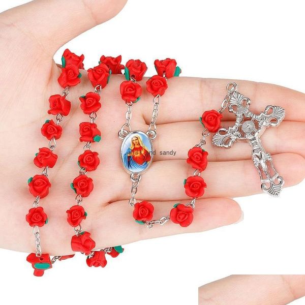 

pendant necklaces rose beads rosary necklace christian cross soft y rosaries long necklaces religious jewelry for women girls fashio dhoxr, Silver